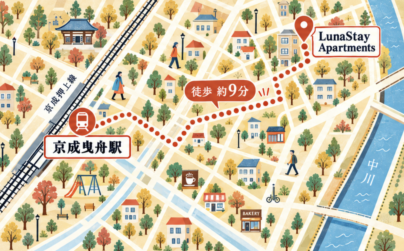 京成曳舟駅からLunaStay Apartmentsまで徒歩約9分の案内地図