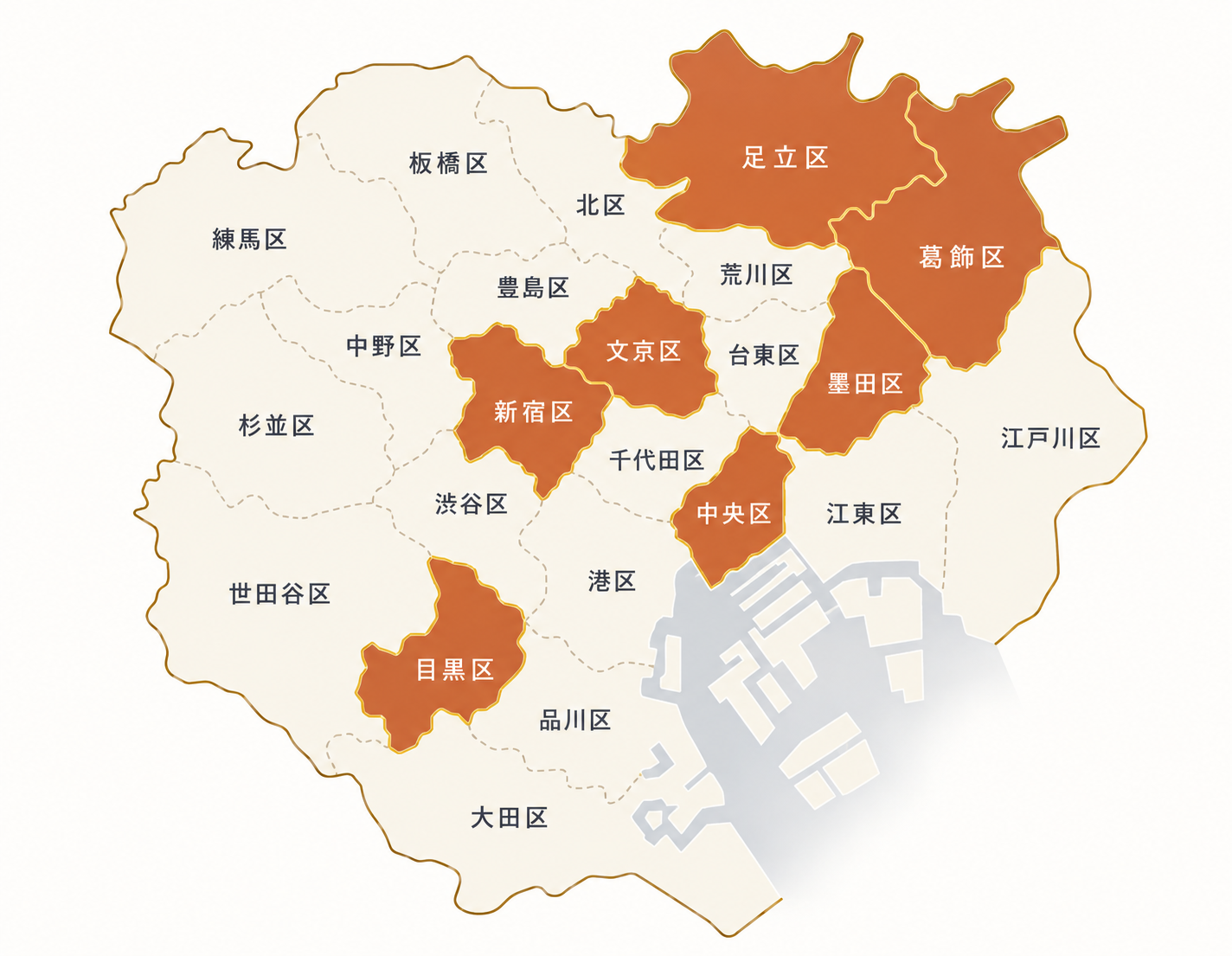 東京都23区の保有・運用エリア。葛飾区、墨田区、新宿区、目黒区、中央区、文京区、足立区を強調表示
